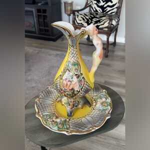 Antique Capodimonte SAAS Gold Gilt Pitcher Woman Handle and Under Plate
